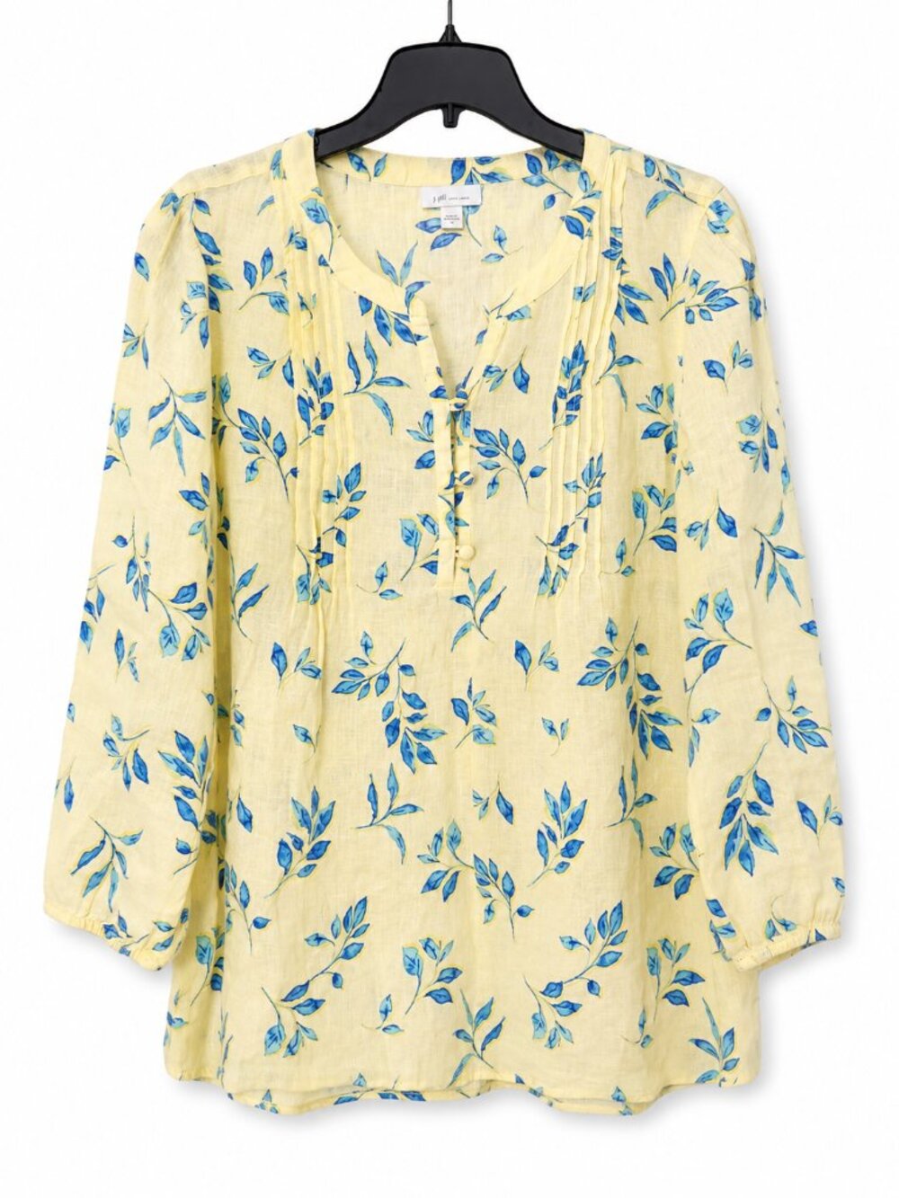 J. Jill Love Linen Floral Pintuck Top Women’s sz M Yellow Blue Coastal Boho - Picture 2 of 8